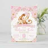 Monkey Floral Baby shower Invitation Girl Kaart (Staand voorkant)