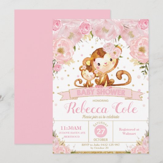 Monkey Floral Baby shower Invitation Girl Kaart (Voorkant / Achterkant)