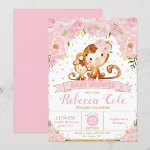 Monkey Floral Baby shower Invitation Girl Kaart