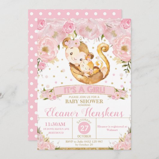 Monkey Floral Baby shower Invitation Girl Kaart (Voorkant / Achterkant)