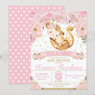 Monkey Floral Baby shower Invitation Girl Kaart