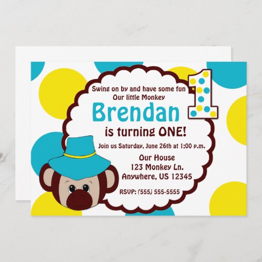 Monkey Fun Boys First Birthday Uitnodiging (Voorkant / Achterkant)