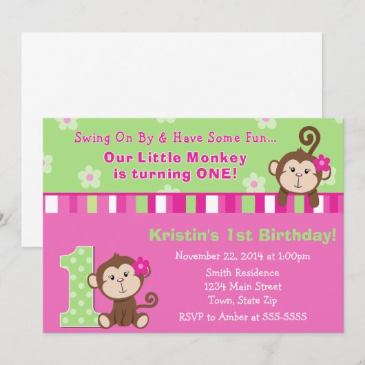 Monkey Girl 1e verjaardag Uitnodiging 5x7 kaart (Voorkant / Achterkant)