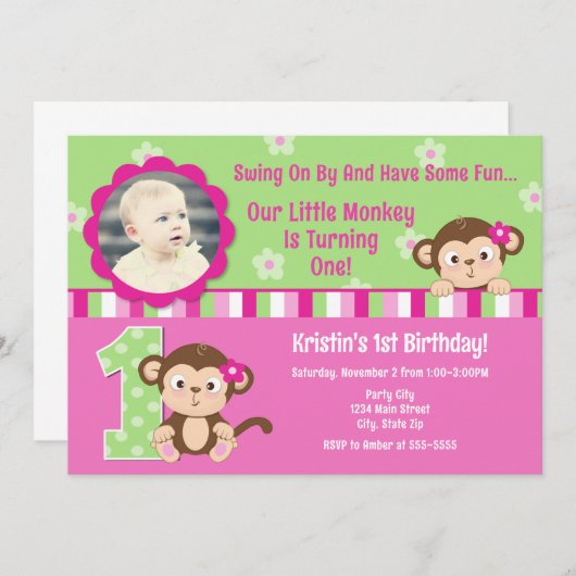 Monkey Girl 1e verjaardag Uitnodiging 5x7 kaart (Voorkant / Achterkant)