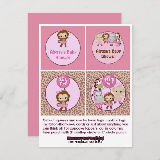 MONKEY Girl Baby shower Cupcake Topper Tu Tu Schat Uitnodiging Briefkaart (Voorkant / Achterkant)