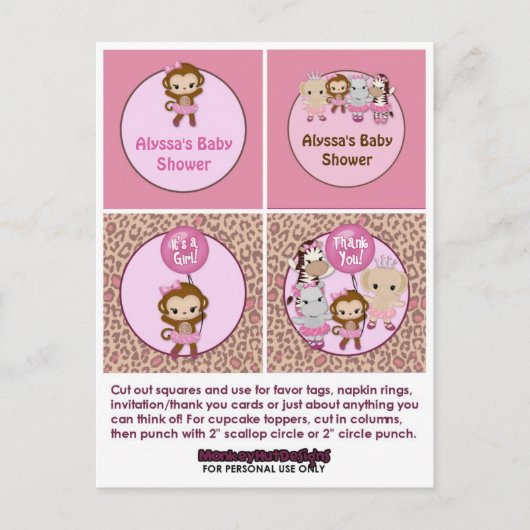 MONKEY Girl Baby shower Cupcake Topper Tu Tu Schat Uitnodiging Briefkaart (Voorkant)