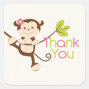 Monkey Girl Baby shower Dank je Vierkante Sticker