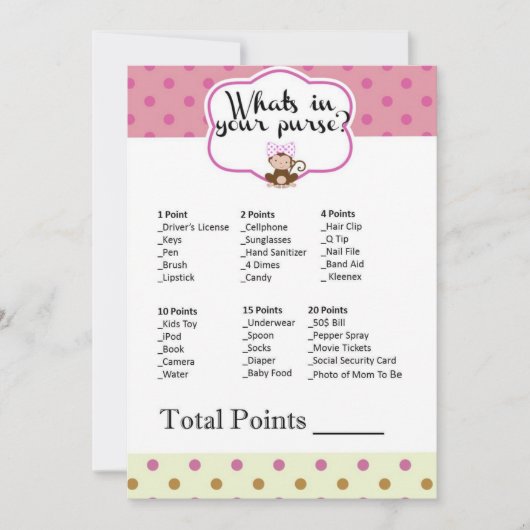 Monkey Girl Baby shower Wat zit er in je portemonn Kaart (Voorkant)