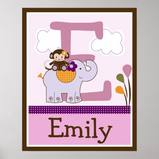 Monkey Girl & Elephant Letter & Name Wall Poster (Voorkant)