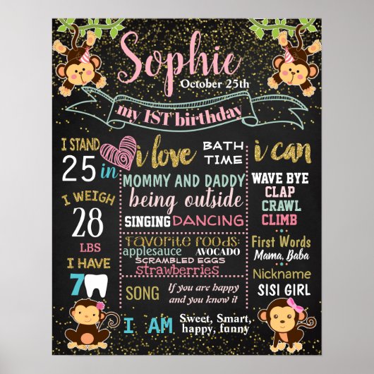 Monkey Girl First-verjaardagskaarbord Poster (Voorkant)