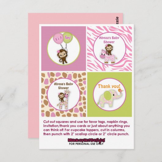 MONKEY Girl Oerwoud Baby shower Cupcake Topper JJ Briefkaart (Voorkant / Achterkant)