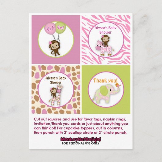 MONKEY Girl Oerwoud Baby shower Cupcake Topper JJ Briefkaart (Voorkant)