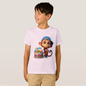  Monkey in a Baseball Cap with a Cake, Happy Birth T-shirt (Voorkant volledig)
