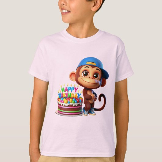  Monkey in a Baseball Cap with a Cake, Happy Birth T-shirt (Voorkant)