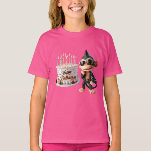  Monkey in Dark Glasses with a Big Cake, Happy Bir T-shirt (Voorkant)