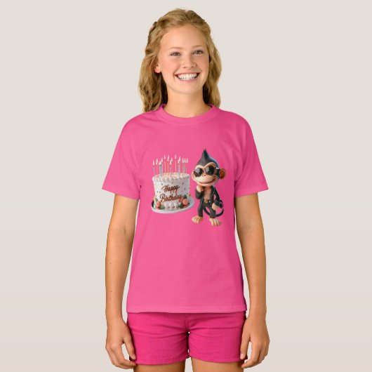  Monkey in Dark Glasses with a Big Cake, Happy Bir T-shirt (Voorkant volledig)