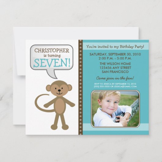 Monkey-ing rond Birthday Party Invite (blauw) Kaart (Voorkant)