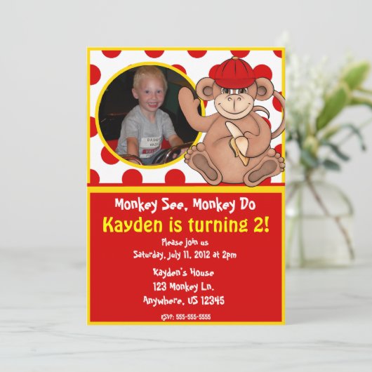 Monkey Kinder Foto Birthday Uitnodiging (Staand voorkant)