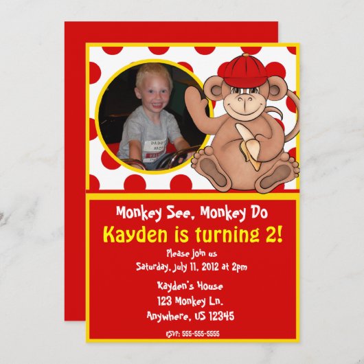 Monkey Kinder Foto Birthday Uitnodiging (Voorkant / Achterkant)