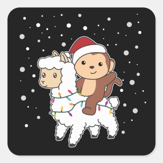 Monkey Lama Kerstwinter Winterdieren Square S Vierkante Sticker (Voorkant)