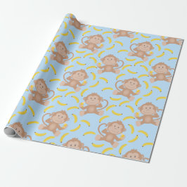 Monkey Munching Banana Blue Cadeaupapier
