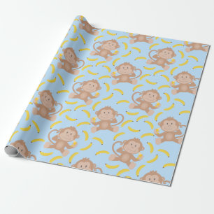Monkey Munching Banana Blue Cadeaupapier