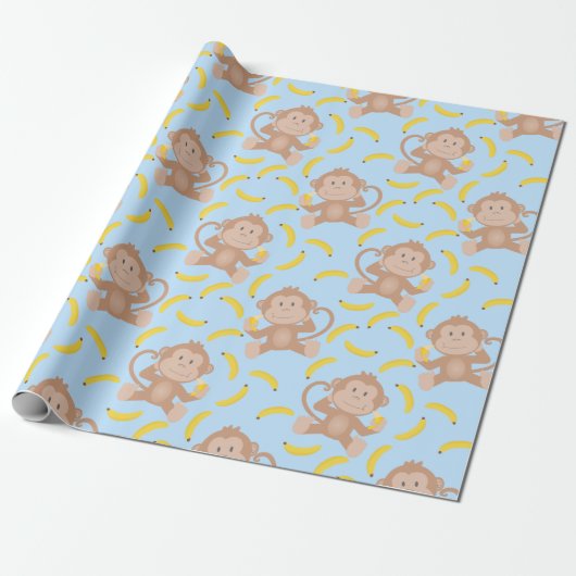 Monkey Munching Banana Blue Cadeaupapier (Uitgerold)