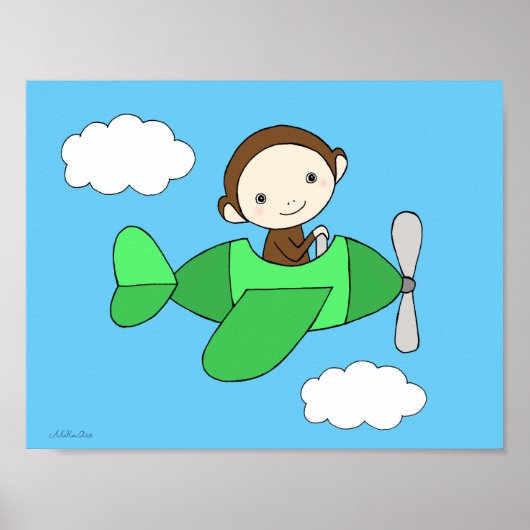 Monkey Nursery Print Cute Happy Monkey op vliegtui (Voorkant)