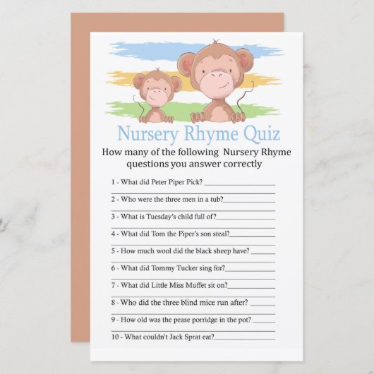 Monkey Nursery Rhyme Quiz baby shower game (Voorkant / Achterkant)