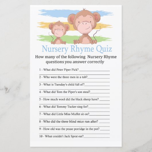 Monkey Nursery Rhyme Quiz baby shower game (Voorkant)