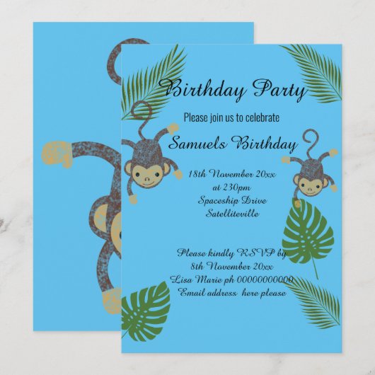 MONKEY OERWOUD BLUE CHILDRENS BIRTHDAG KAART (Voorkant / Achterkant)