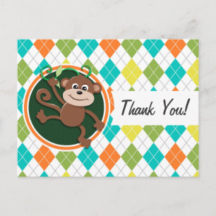 Monkey over Colorful Argyle Pattern Briefkaart