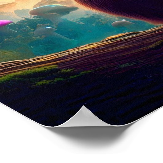 Monkey over het zien van paddenstoel Landschap Poster (Hoek)