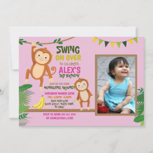 Monkey Party Birthday Swing Foto Pink Uitnodiging