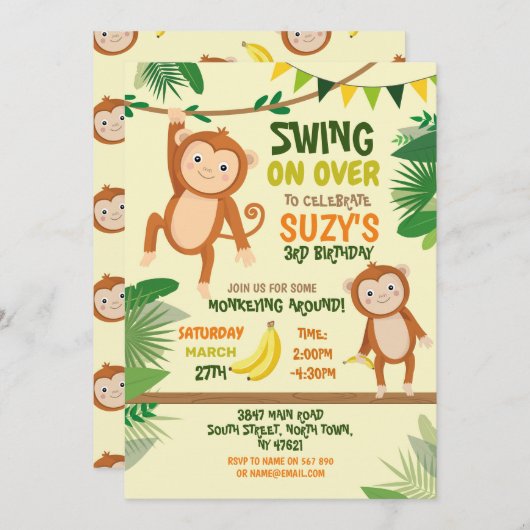 Monkey Party Verjaardagsschommel Over Geel Plezier Kaart (Voorkant / Achterkant)