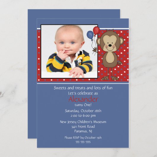 Monkey Photo Birthday Invitation Kaart (Voorkant / Achterkant)