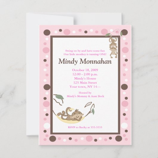 Monkey Pink Brown Girly Trendy Birthday 4,25 x 5,5 Kaart (Voorkant)