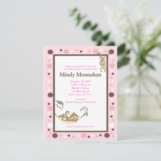 Monkey Pink Brown Girly Trendy Birthday 4,25 x 5,5 Kaart (Staand voorkant)