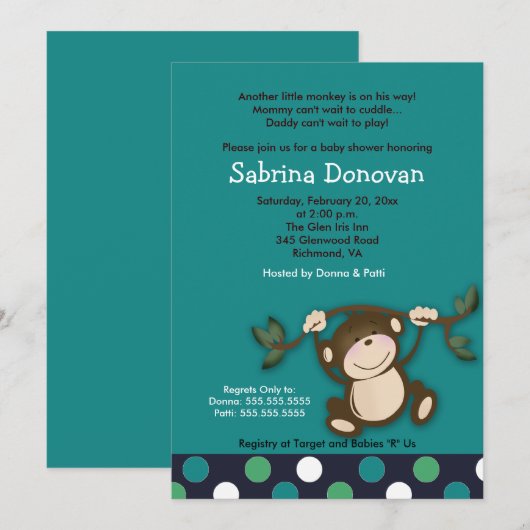 MONKEY PLAY 5x7 BLUE BOY BABY SHOWER Kaart (Voorkant / Achterkant)