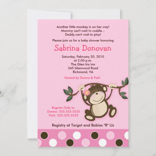 MONKEY PLAY 5x7 PINK GIRL BABY SHOWER Kaart (Voorkant)
