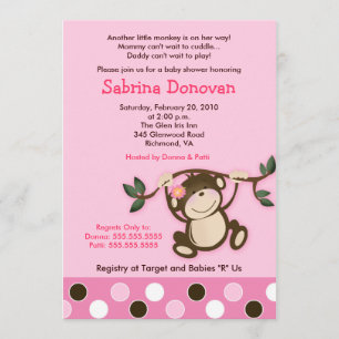 MONKEY PLAY 5x7 PINK GIRL BABY SHOWER Kaart