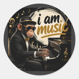 Monkey Playing Piano Music Poster – I Am Music Ronde Sticker