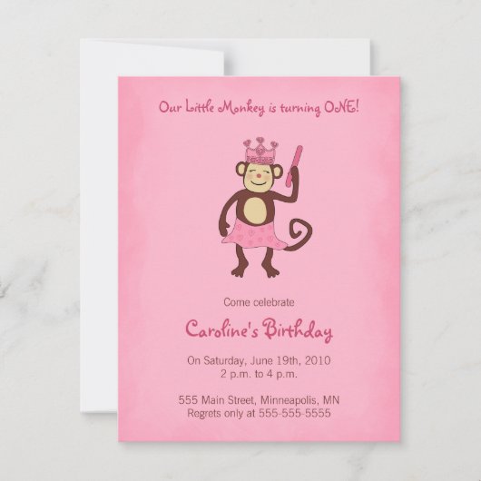 Monkey Princess 1st Birthday Invitation Kaart (Voorkant)