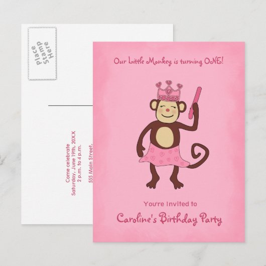 Monkey Princess 1st Birthday Uitnodiging Briefkaart (Voorkant / Achterkant)