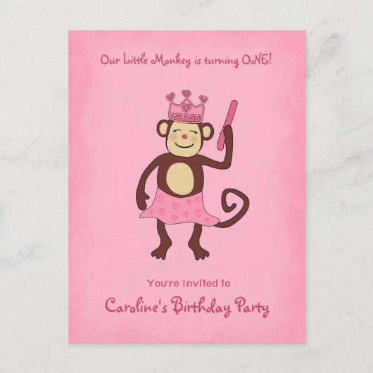 Monkey Princess 1st Birthday Uitnodiging Briefkaart (Voorkant)