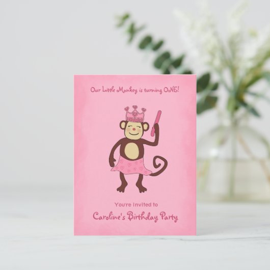 Monkey Princess 1st Birthday Uitnodiging Briefkaart (Staand voorkant)