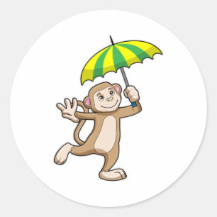 Monkey Rain Umbrella Ronde Sticker
