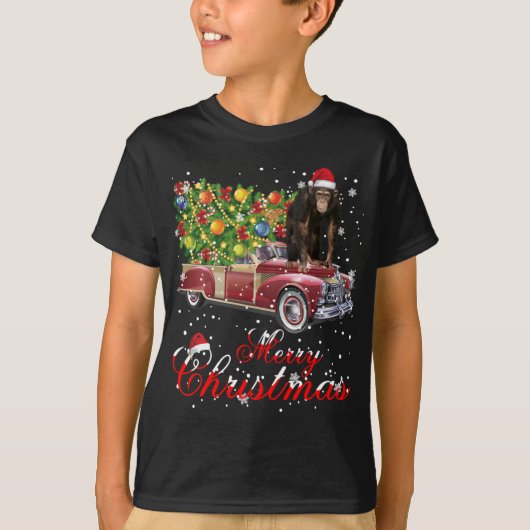 Monkey Rides Red Truck Kerstmis Pajama T-shirt (Voorkant)