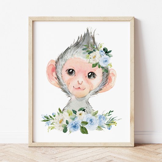Monkey, Safari, Oerwoud, Blue Flowers, Boy Nursery Foto Afdruk