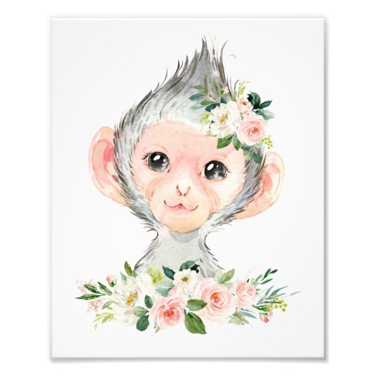 Monkey, Safari, Oerwoud, Roze Bloemen, Meisjessery Foto Afdruk (Voorkant)
